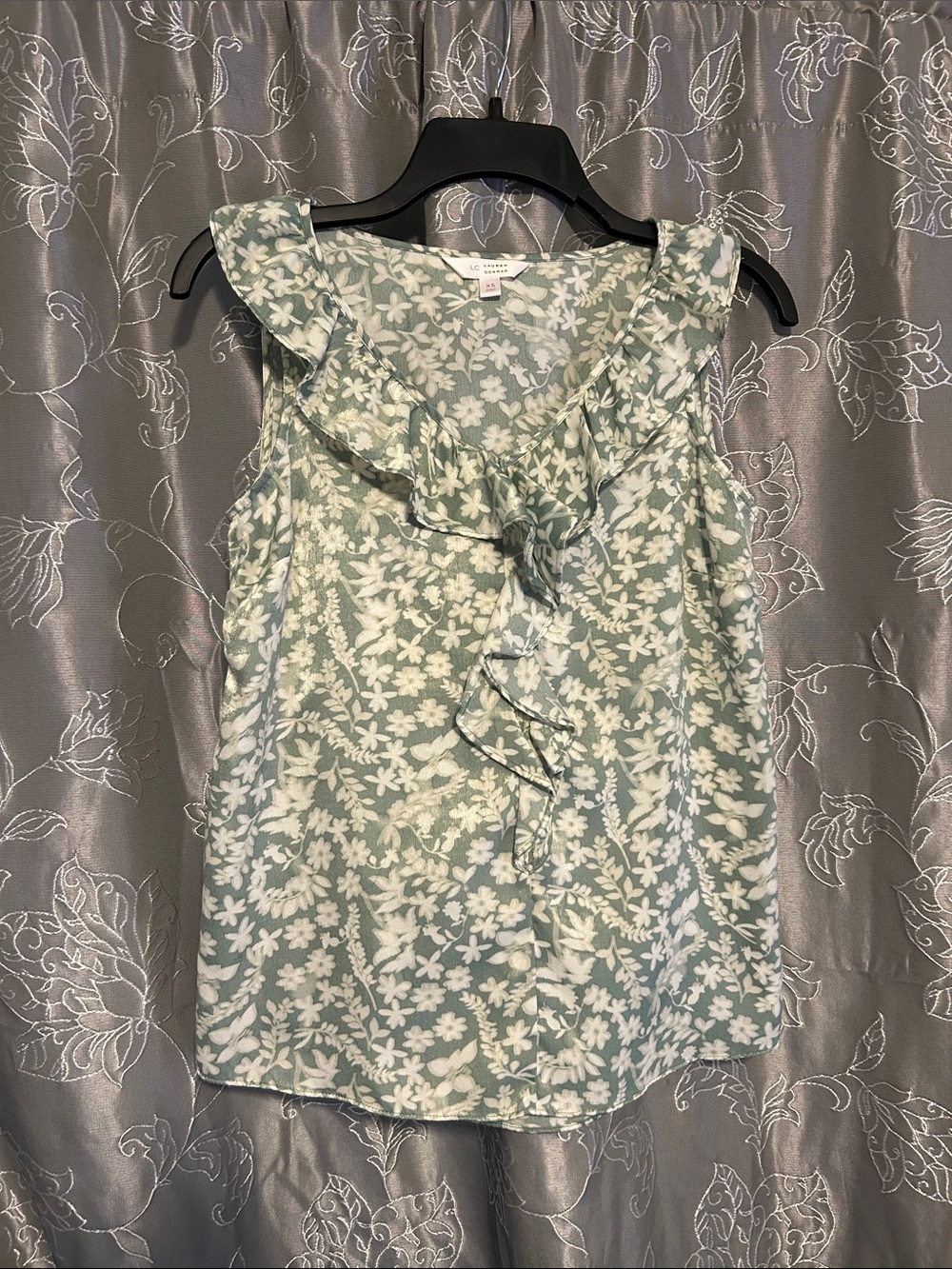 LC Lauren Conrad Sage Green Floral Ruffle Sleeveless Blouse